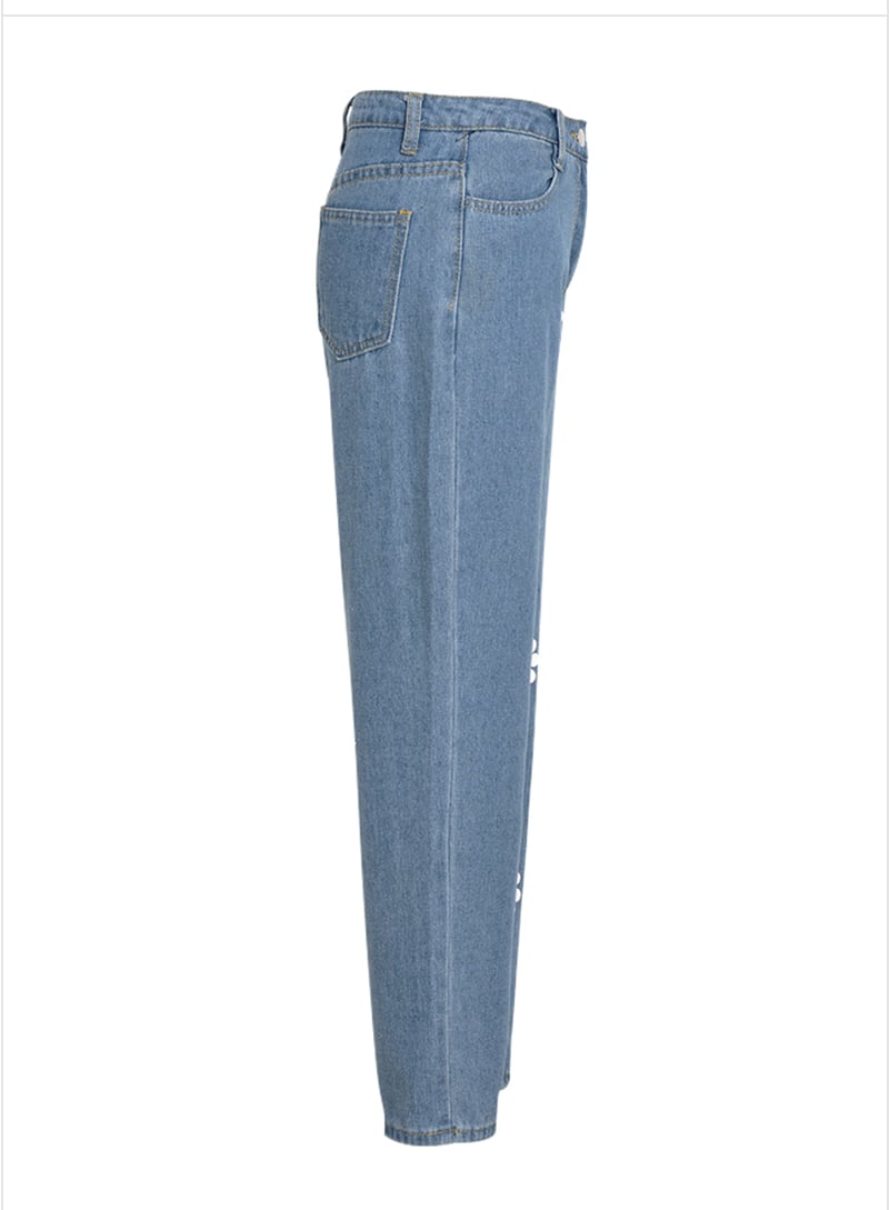 Cute Flower Daisy Denim Chic High Waisted Vintage Jean Pants Trouser E-Girl Kawaii Korean Japanese Harajuku Chinese Retro Streetwear Aesthetic