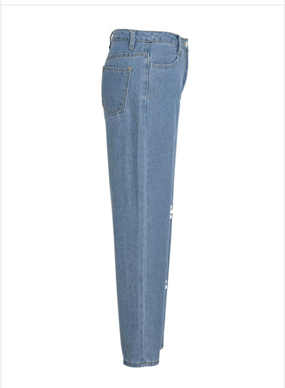Cute Flower Daisy Denim Chic High Waisted Vintage Jean Pants Trouser E-Girl Kawaii Korean Japanese Harajuku Chinese Retro Streetwear Aesthetic