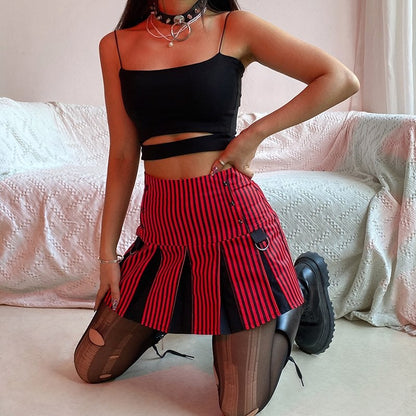Vintage 90s Red Plaid Striped Pleated Low Waisted Skirt Academia E-Girl Kawaii Korean Japanese Harajuku Streetwear