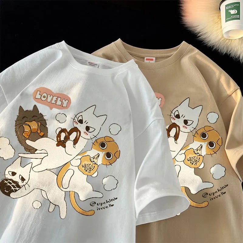 Cat Cartoon Print Short Sleeve T-shirt