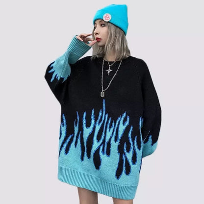 Black Pink Vintage Fire Flames Loose Oversized Long Sleeve Knit Sweatshirt Sweater Pullover Jumper E-Girl Kawaii Korean Japanese Harajuku Streetwear