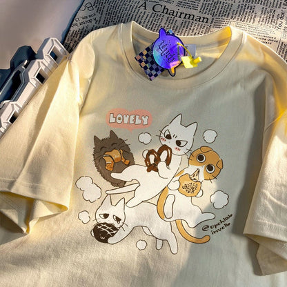 Cat Cartoon Print Short Sleeve T-shirt