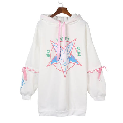 Cute Rabbit Evil Pentagon Lace Up Long Sleeve Hoodie Oversize Sweater Sweatshirt Pullover Jumper E-Girl Kawaii Korean Japanese Harajuku Streetwear