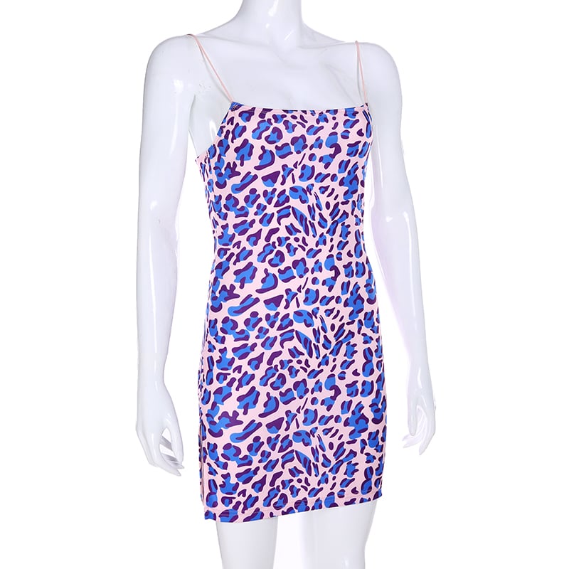 Cute Purple Leopard Spaghetti Strap Backless Mini Dress Party E-Girl Kawaii Korean Japanese Harajuku Chinese Retro Streetwear Aesthetic
