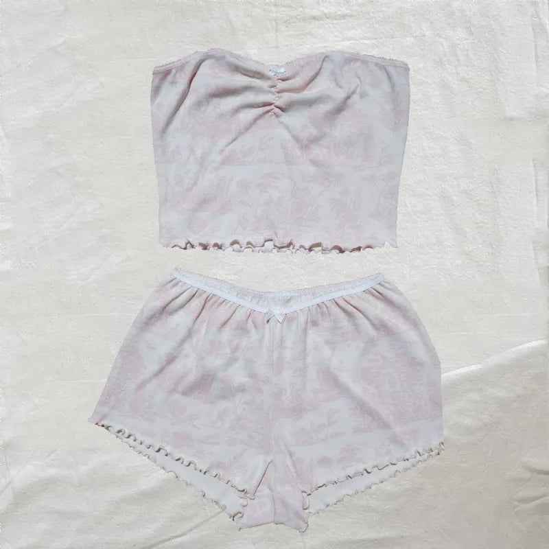 2PCS Pink Floral Print Frill Strapless Top + Shorts Set