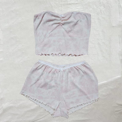 2PCS Pink Floral Print Frill Strapless Top + Shorts Set