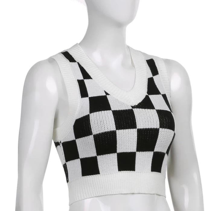 Cute Preppy Argyle Plaid Sweater Vest Sleeveless Knit Crop Top V Neck Shirt Aesthetic Casual Summer E-Girl Kawaii Korean Japanese Harajuku