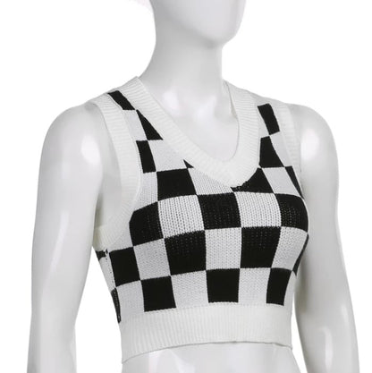 Cute Preppy Argyle Plaid Sweater Vest Sleeveless Knit Crop Top V Neck Shirt Aesthetic Casual Summer E-Girl Kawaii Korean Japanese Harajuku