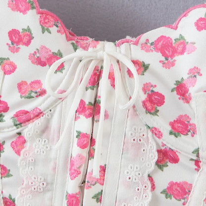 Pink Flower Print Ruffle Bustier Crop Top