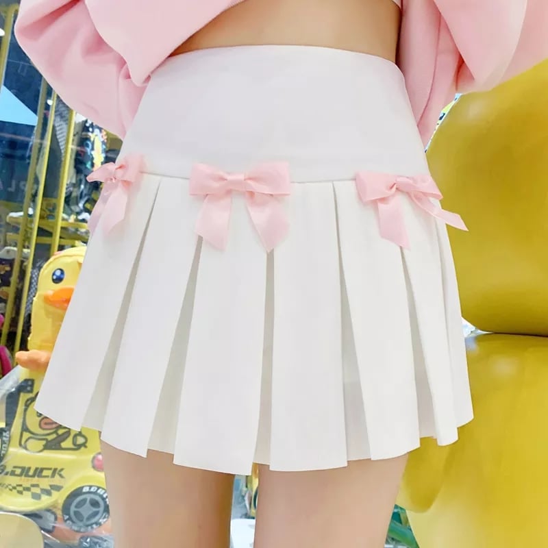 White Flare Pink Bow Pleated Tennis Skirt