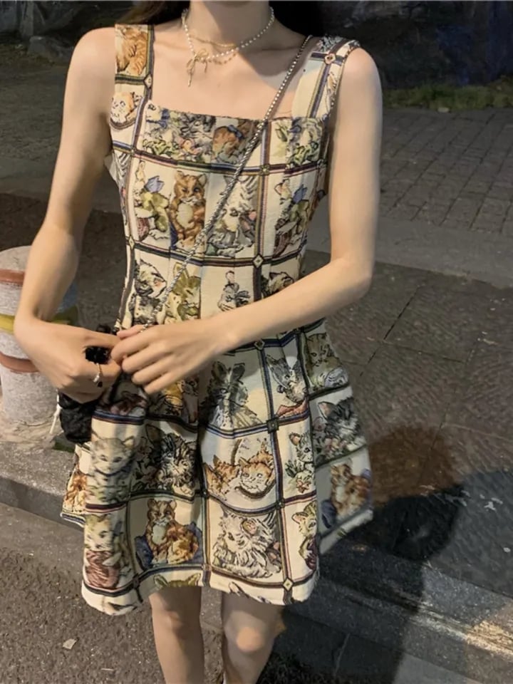 Cat Print A-Line Dress