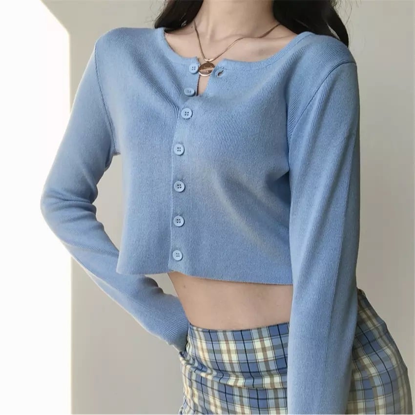 Cute Vintage O Neck Button Down Knit Cardigan Crop Top Sweater Sweatshirt Pullover Jumper E-Girl Kawaii Korean Japanese Harajuku Streetwear