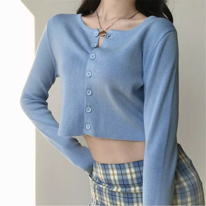 Cute Vintage O Neck Button Down Knit Cardigan Crop Top Sweater Sweatshirt Pullover Jumper E-Girl Kawaii Korean Japanese Harajuku Streetwear