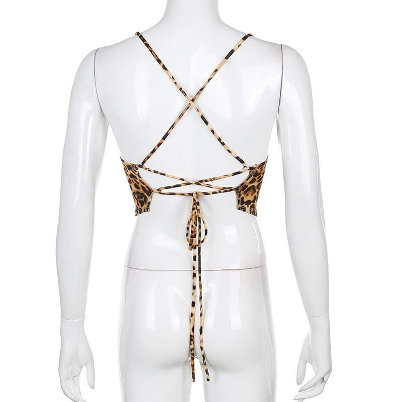 Sexy Leopard Backless Camisole Lace Up Spaghetti Strap Tank Crop Top Bandage Open Back Aesthetic E-Girl Kawaii Korean Japanese Harajuku Streetwear