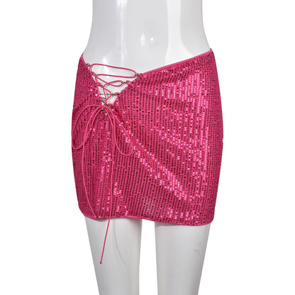 Pink Sequin Lace Up Mini Skirt
