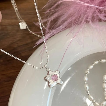 Pink Rhinestone Crystal Star Pendant Necklace