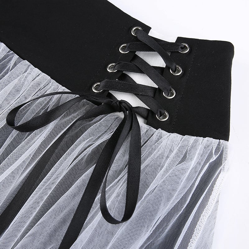 Sexy Goth Dark Punk Mesh A Line Skirt Lace Up Patchwork Ribbon Lace Trim High Waisted Summer Casual E-Girl Kawaii Korean Japanese Harajuku Streetwear