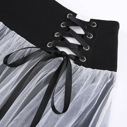 Sexy Goth Dark Punk Mesh A Line Skirt Lace Up Patchwork Ribbon Lace Trim High Waisted Summer Casual E-Girl Kawaii Korean Japanese Harajuku Streetwear