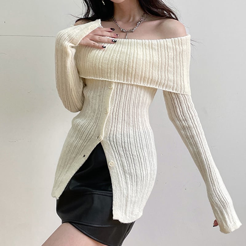 White Button Up Split Slash Neck Sweater