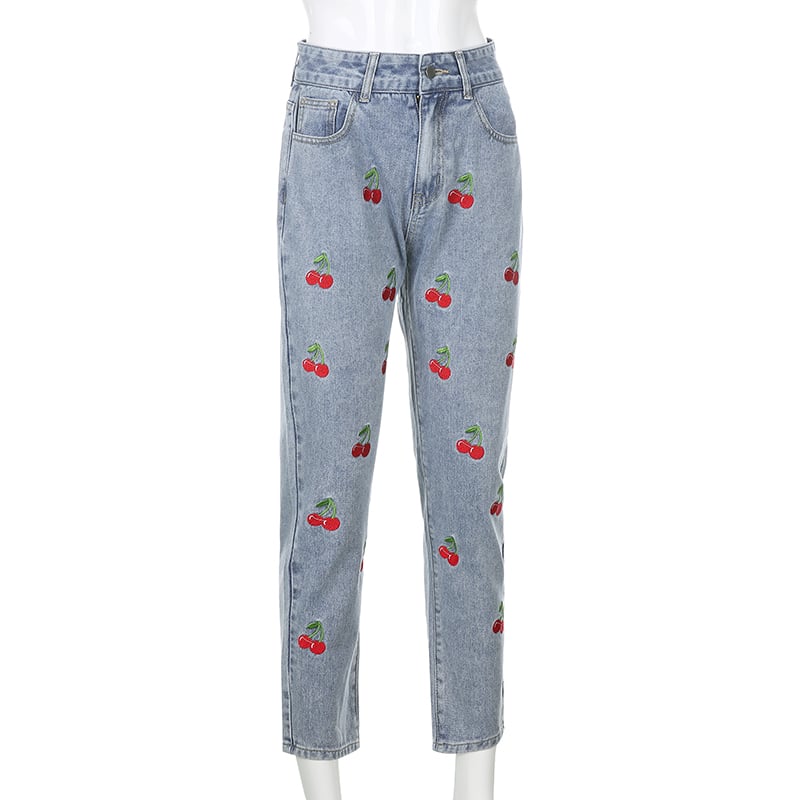 Cute Sweet Vintage Cherry Embroidery Light Washed Blue Denim Jeans High Waisted Cargo Slim Bottom E-Girl Kawaii Korean Japanese Harajuku Streetwear