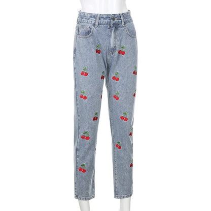Cute Sweet Vintage Cherry Embroidery Light Washed Blue Denim Jeans High Waisted Cargo Slim Bottom E-Girl Kawaii Korean Japanese Harajuku Streetwear