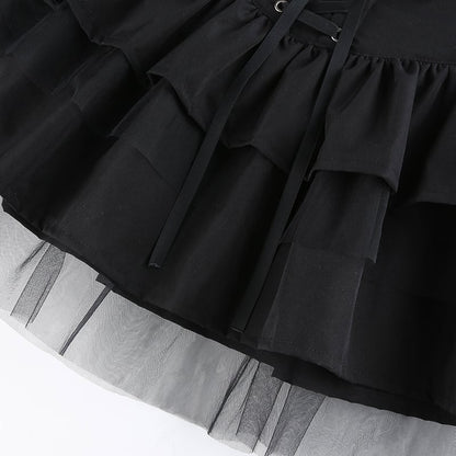 Cute Black Goth Lace Up High Waisted Ruffle Skirt Punk Bandage A-line Lace Trim Tutu Casual E-Girl Kawaii Korean Japanese Harajuku Streetwear