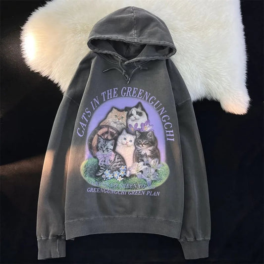 Purple Flower Kitten Print Oversized Hoodie