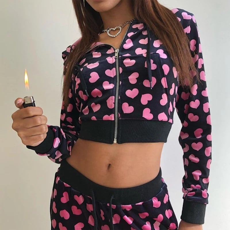 Cute Pink Heart Print Velvet Tracksuit Set Long Sleeve Cropped Hoodie + Sweatpants Aesthetic Casual Summer E-Girl Kawaii Korean Japanese Harajuku