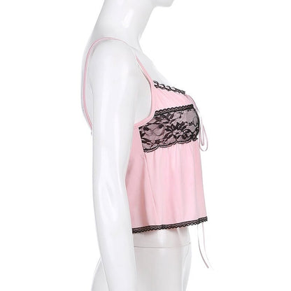 Cute 90s Light Pink Lace Sleeveless Ruffle Frill Tie Up Crop Top Camisole Tank Shirt Summer Party E-Girl Kawaii Korean Japanese Harajuku Streetwear
