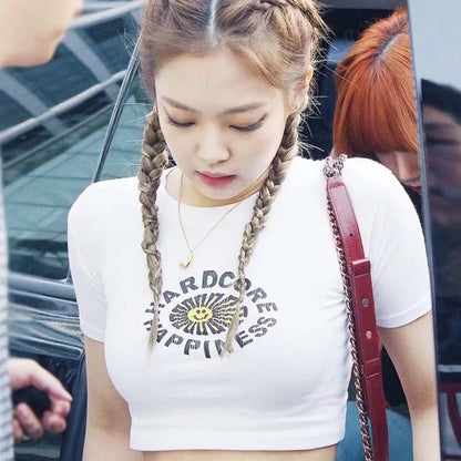 Cute Happiness Sun Print White Short Sleeve Shirt Loose Punk Aesthetic Casual Summer E-Girl Kawaii Korean Japanese Haraju