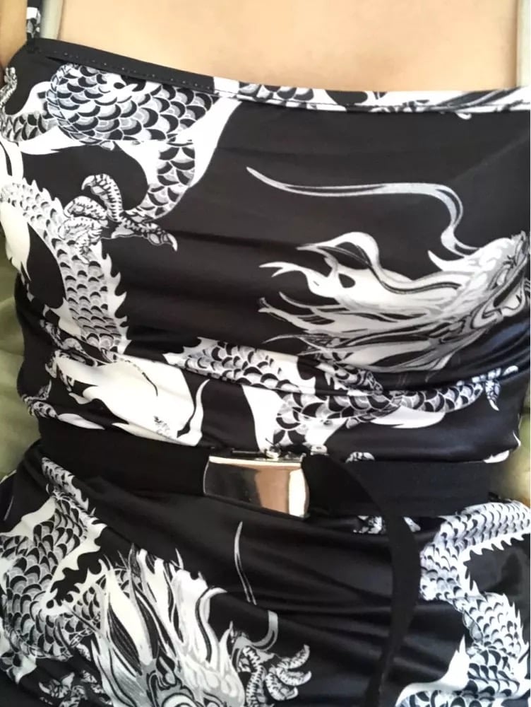 Cute Sexy Dragon Print Sleeveless Split Club Bodycon Mini Dress Party E-Girl Kawaii Korean Japanese Harajuku Chinese Retro Streetwear Aesthetic