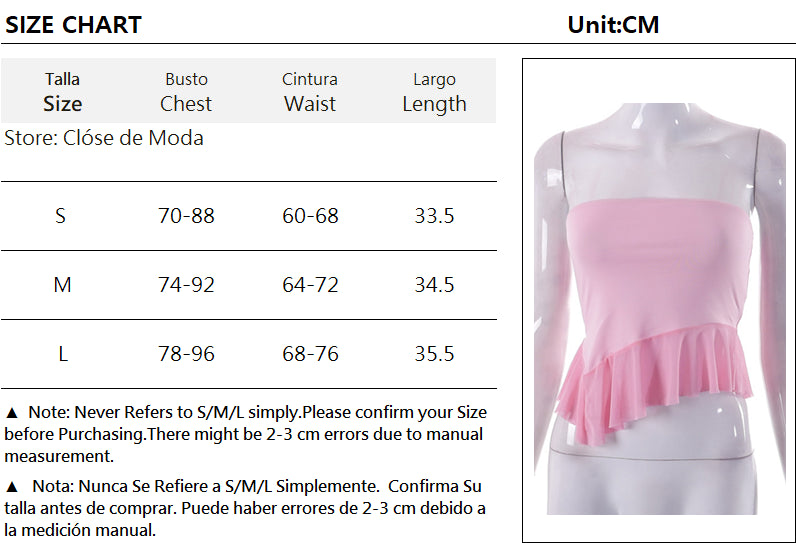 Pink Ruffle Irregular Mesh Tube Top