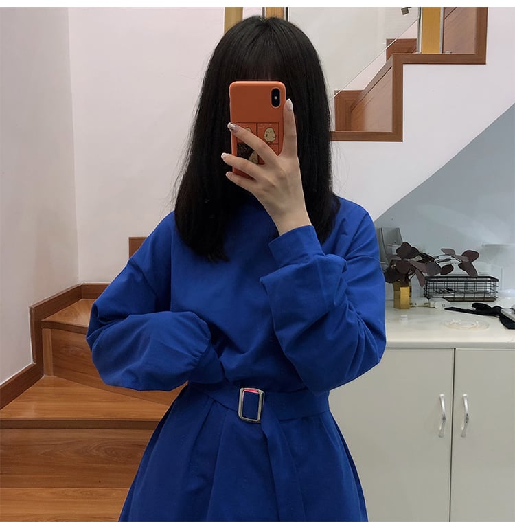 Cute Solid Color Long Sleeve T-shirt Shirt Dress With Belt Loose Oversized Woman Spring Autumn E-Girl Kawaii Korean Japanese Harajuku Retro Streetwear