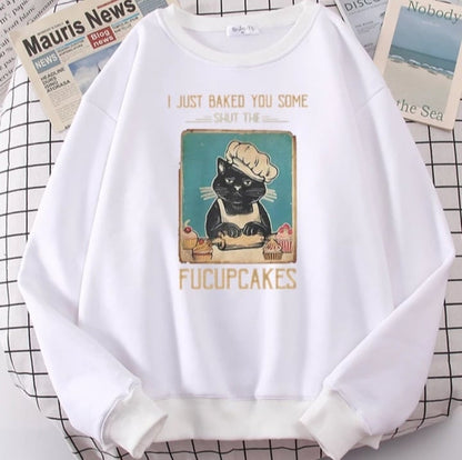 Cute Funny Cat Baking Cupcakes Cartoon Print Sweatshirt Pullover Hoodie Aesthetic Casual E-Girl Kawaii Korean Japanese Harajuku