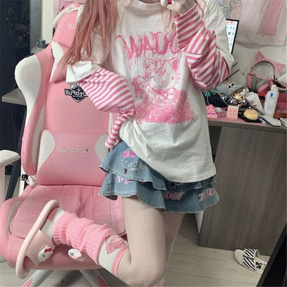 Cat Anime Print Loose Stripe Long Sleeve T-shirt