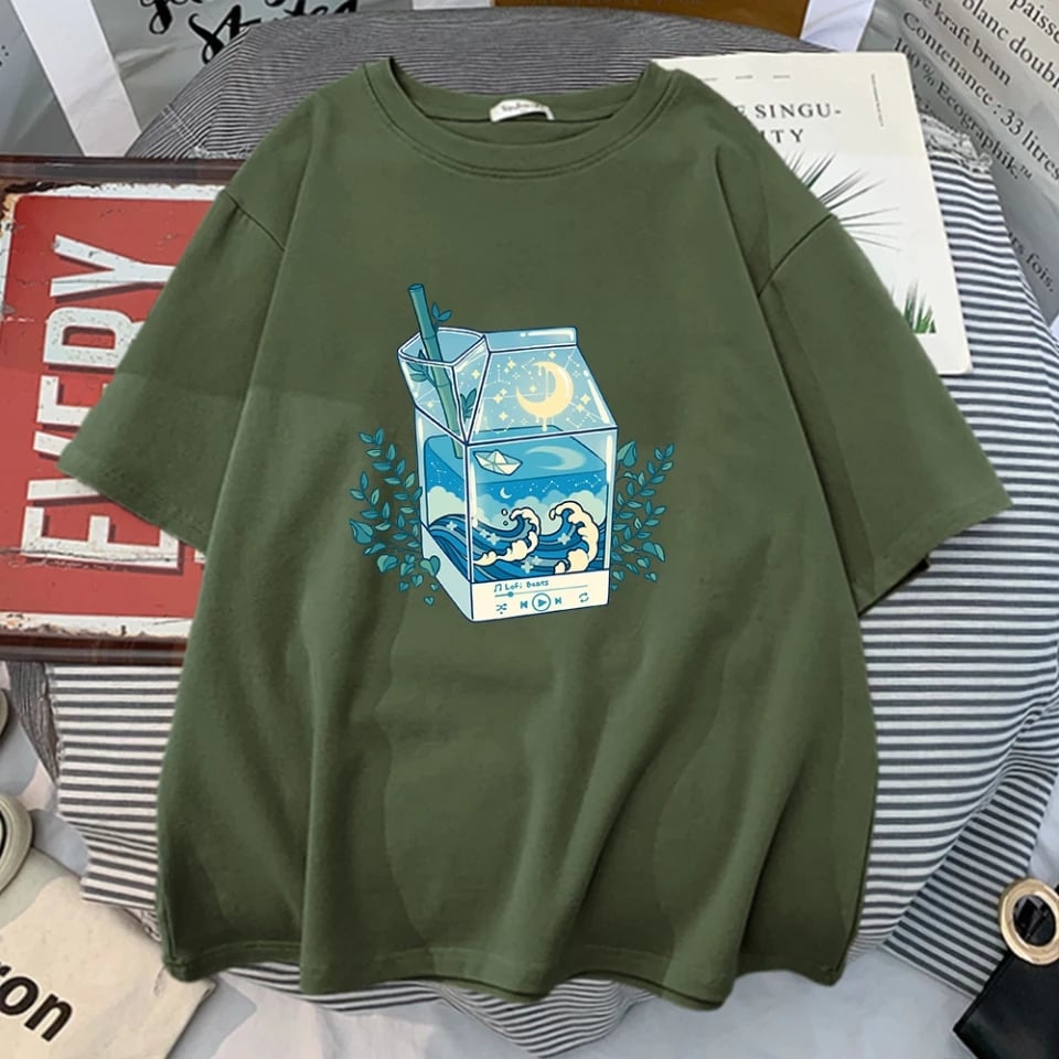 Cute Milk Box Moonlight Waves Print Crewneck Oversized Short Sleeve Shirt Aesthetic Casual E-Girl Kawaii Korean Japanese Harajuku