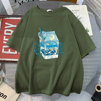 Cute Milk Box Moonlight Waves Print Crewneck Oversized Short Sleeve Shirt Aesthetic Casual E-Girl Kawaii Korean Japanese Harajuku