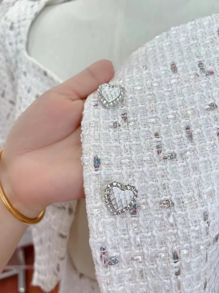 2PCS White Tweed Puff Sleeve Blouse + Skirt
