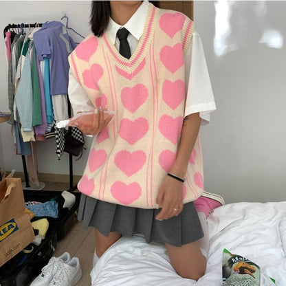 Heart Knit V Neck Loose Sweater Vest