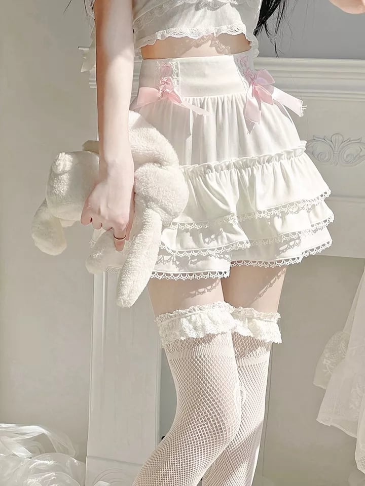White Ruffle A-Line Bow Mini Skirt