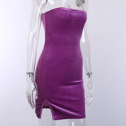 Cute Sexy Heart Love Velvet Mini Split Dress Bodycon Sleeveless Backless Party E-Girl Kawaii Korean Japanese Harajuku Retro Streetwear Fashion