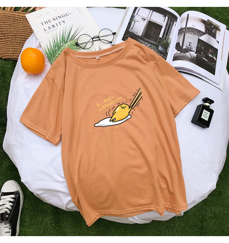 Funny Lazy Egg Cartoon Anime Print Casual Loose Short Sleeve Tee Shirt T-shirt Top E-Girl Kawaii Korean Japanese Harajuku Streetwear