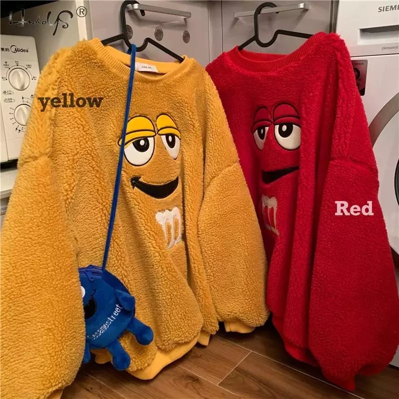 Cute Chocolate M Funny Cartoon Plush Oversize Long Sleeve Shirt Hoodie Pullover Sweatshirt Aesthetic Casual E-Girl Kawaii Korean Japanese Harajuku