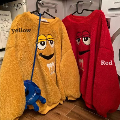 Cute Chocolate M Funny Cartoon Plush Oversize Long Sleeve Shirt Hoodie Pullover Sweatshirt Aesthetic Casual E-Girl Kawaii Korean Japanese Harajuku