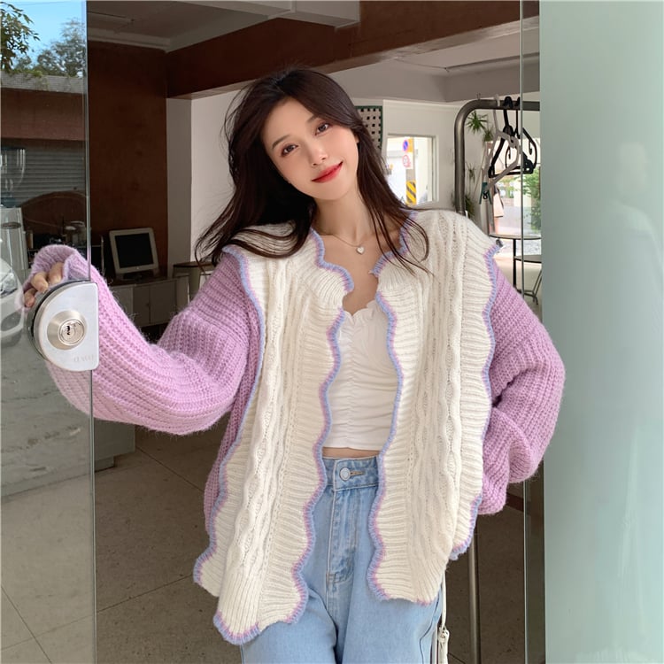Purple & White Patchwork Knit Cardigan