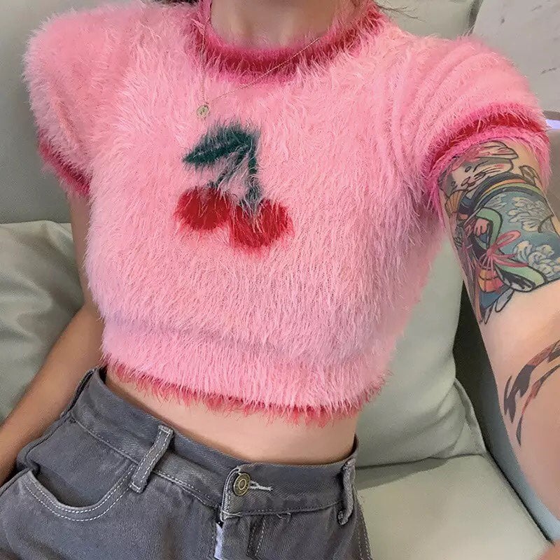Pink Cherry Fluffy Soft Short Sleeve Shirt Crop Top Summer Aesthetic Casual E-Girl Kawaii Korean Japanese Harajuku