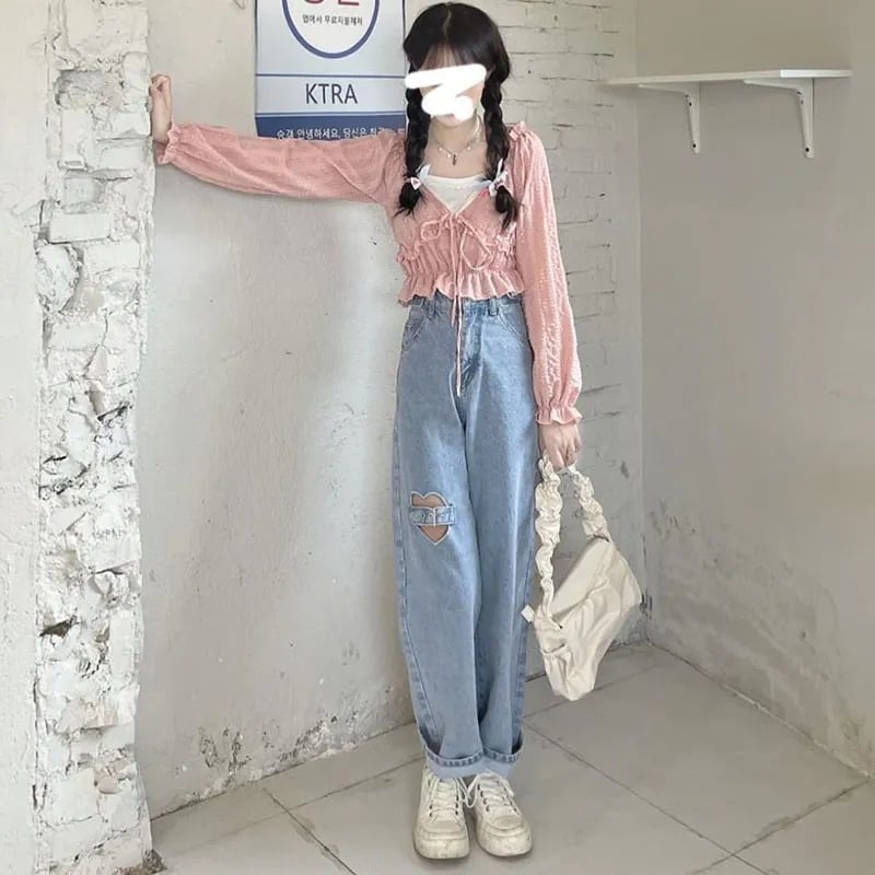 Heart Cut Out Buckle Light Blue Jeans