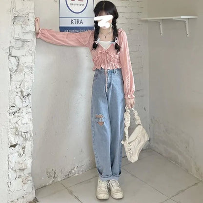 Heart Cut Out Buckle Light Blue Jeans