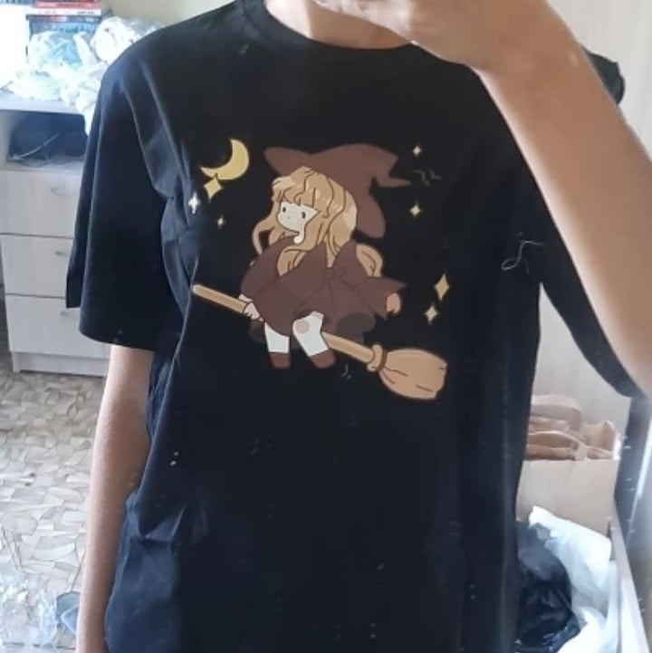 Cute Witch Anime Girl Cresent Moon Print Oversized Short Sleeve Shirt Summer Aesthetic Casual E-Girl Kawaii Korean Japanese Harajuku