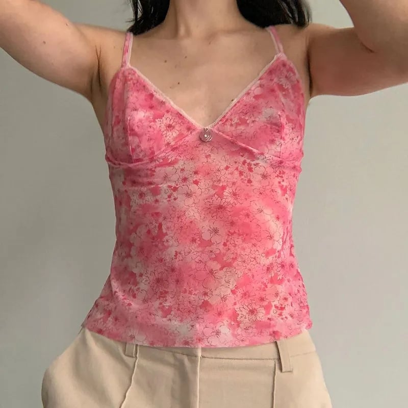 Pink Floral Mesh Sheer V-Neck Crop Top